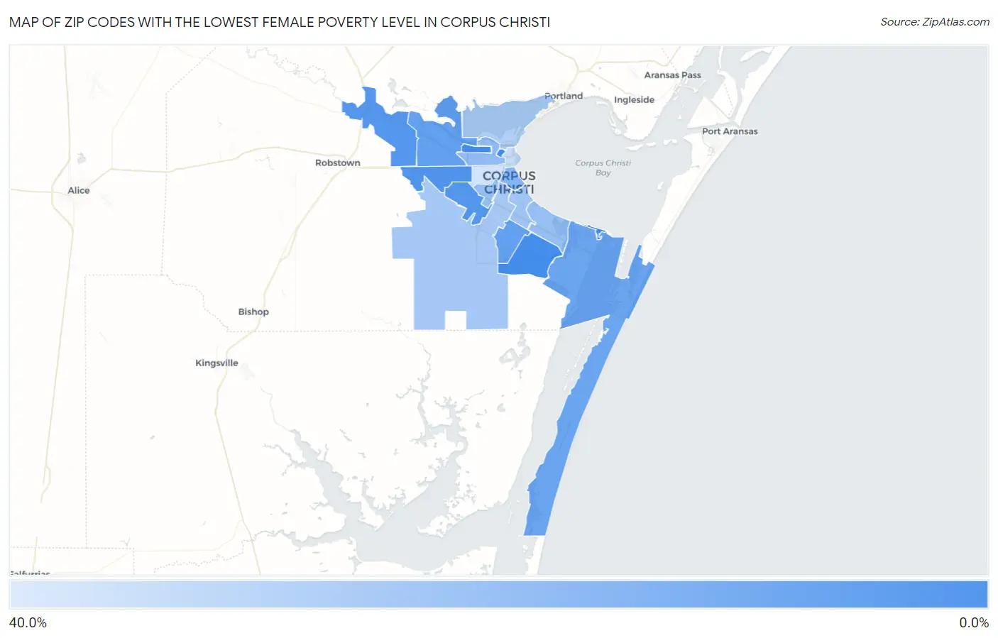 Zip Codes with the Lowest Female Poverty Level in Corpus Christi Map