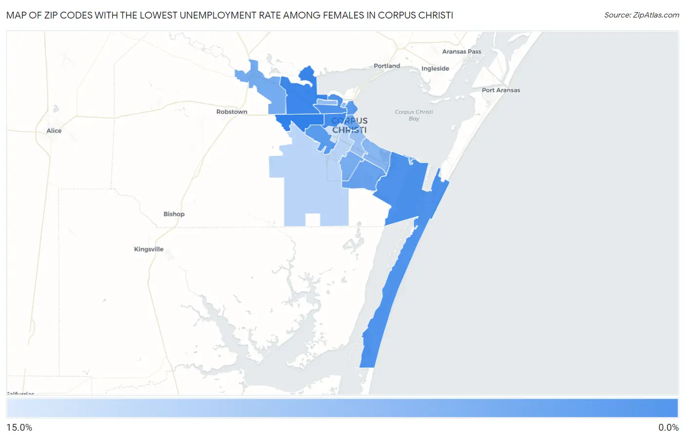 Zip Codes with the Lowest Unemployment Rate Among Females in Corpus Christi Map