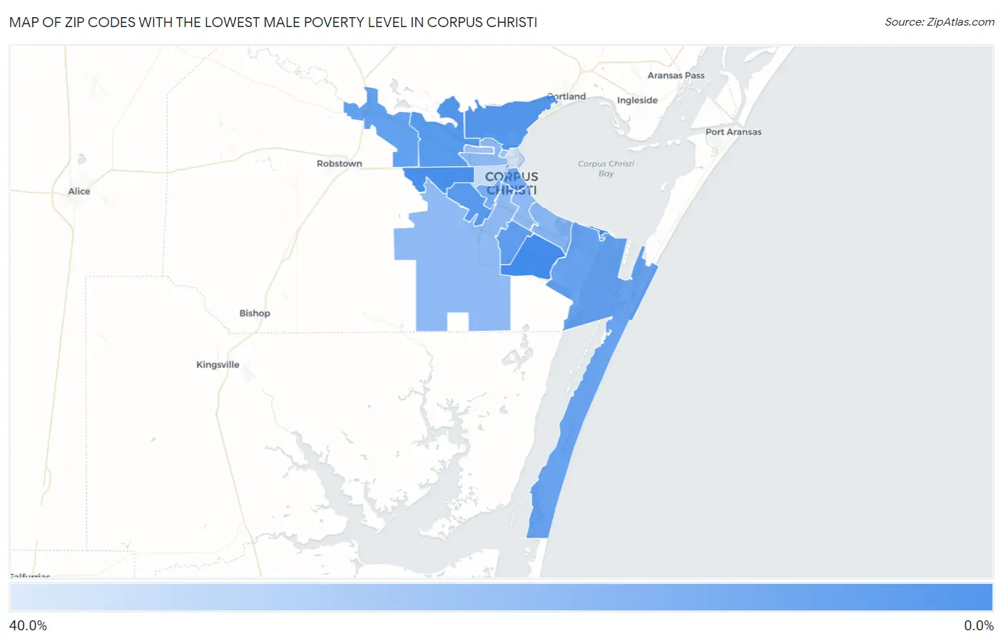 Zip Codes with the Lowest Male Poverty Level in Corpus Christi Map
