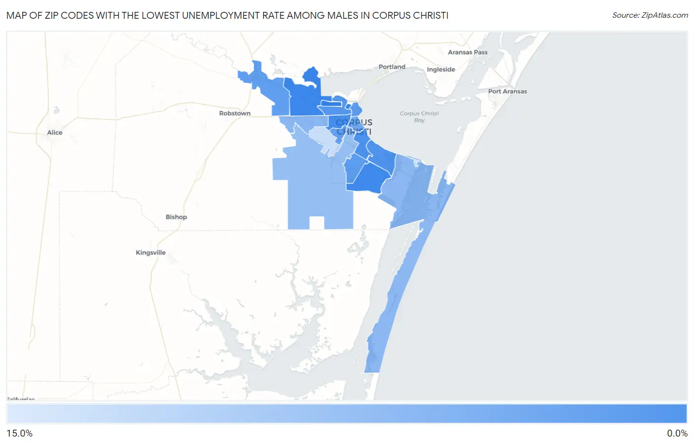 Zip Codes with the Lowest Unemployment Rate Among Males in Corpus Christi Map