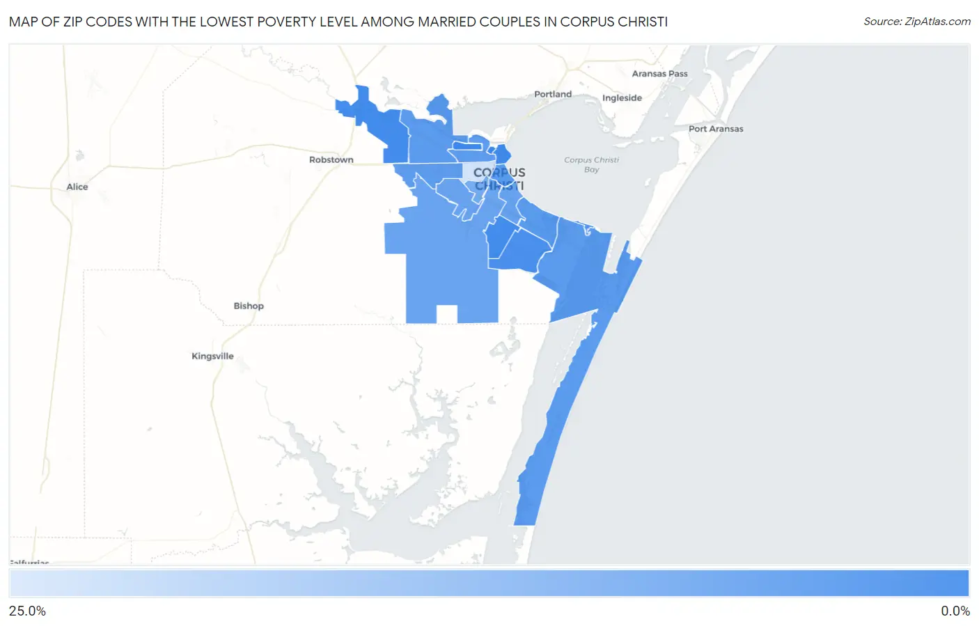 Zip Codes with the Lowest Poverty Level Among Married Couples in Corpus Christi Map