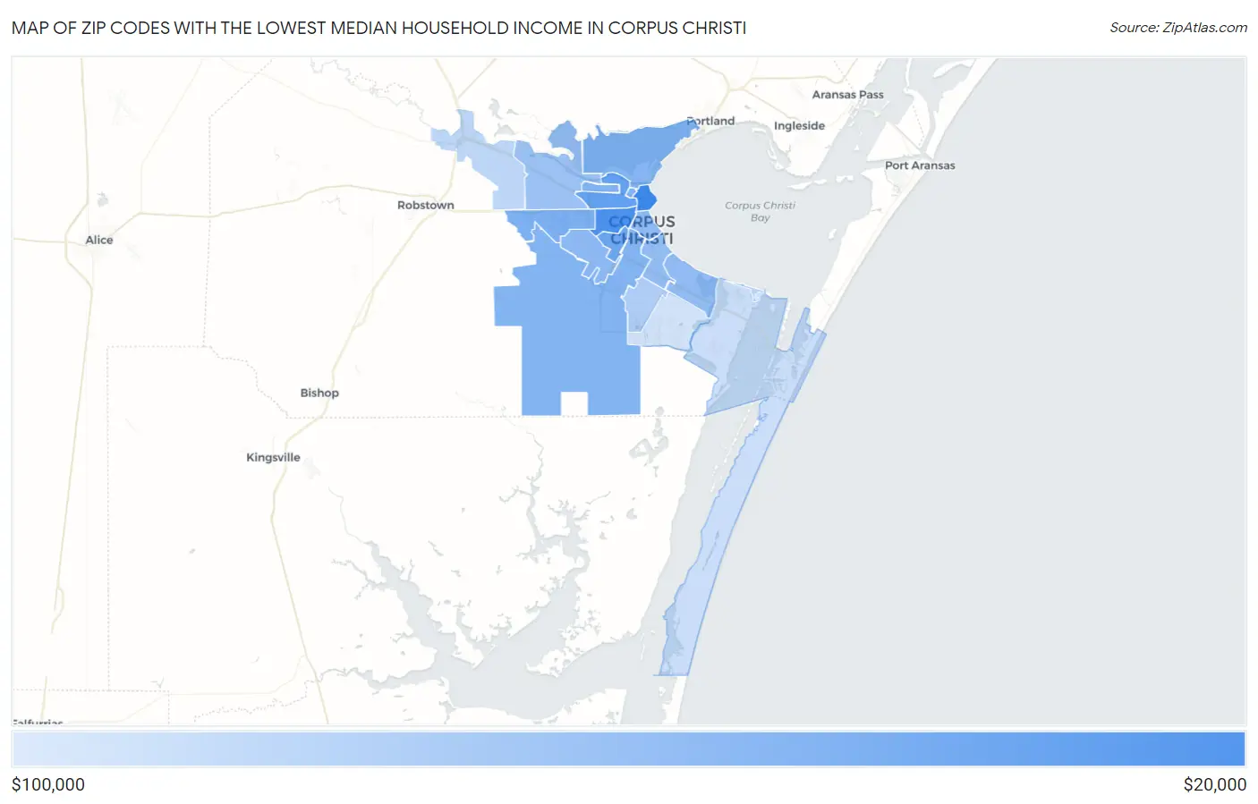 Zip Codes with the Lowest Median Household Income in Corpus Christi Map