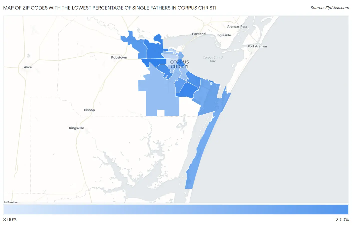 Zip Codes with the Lowest Percentage of Single Fathers in Corpus Christi Map