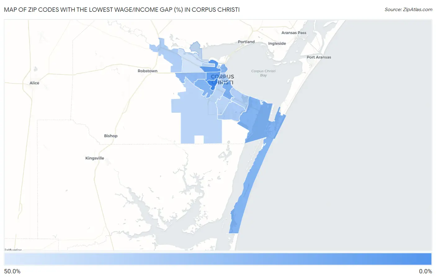 Zip Codes with the Lowest Wage/Income Gap (%) in Corpus Christi Map