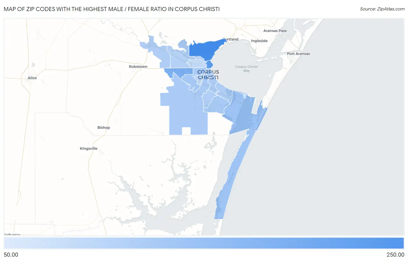 Zip Codes with the Highest Male / Female Ratio in Corpus Christi Map