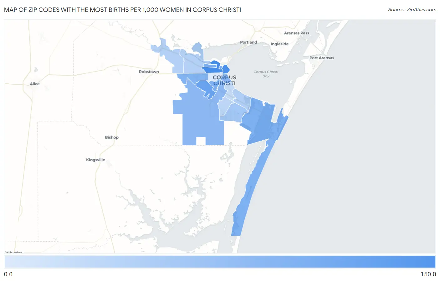 Zip Codes with the Most Births per 1,000 Women in Corpus Christi Map