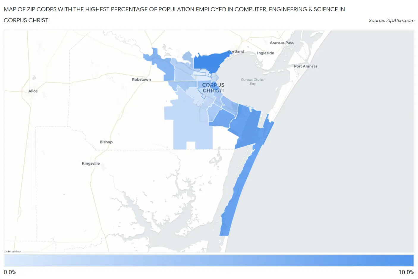 Zip Codes with the Highest Percentage of Population Employed in Computer, Engineering & Science in Corpus Christi Map