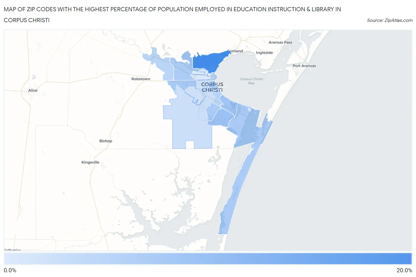 Zip Codes with the Highest Percentage of Population Employed in Education Instruction & Library in Corpus Christi Map
