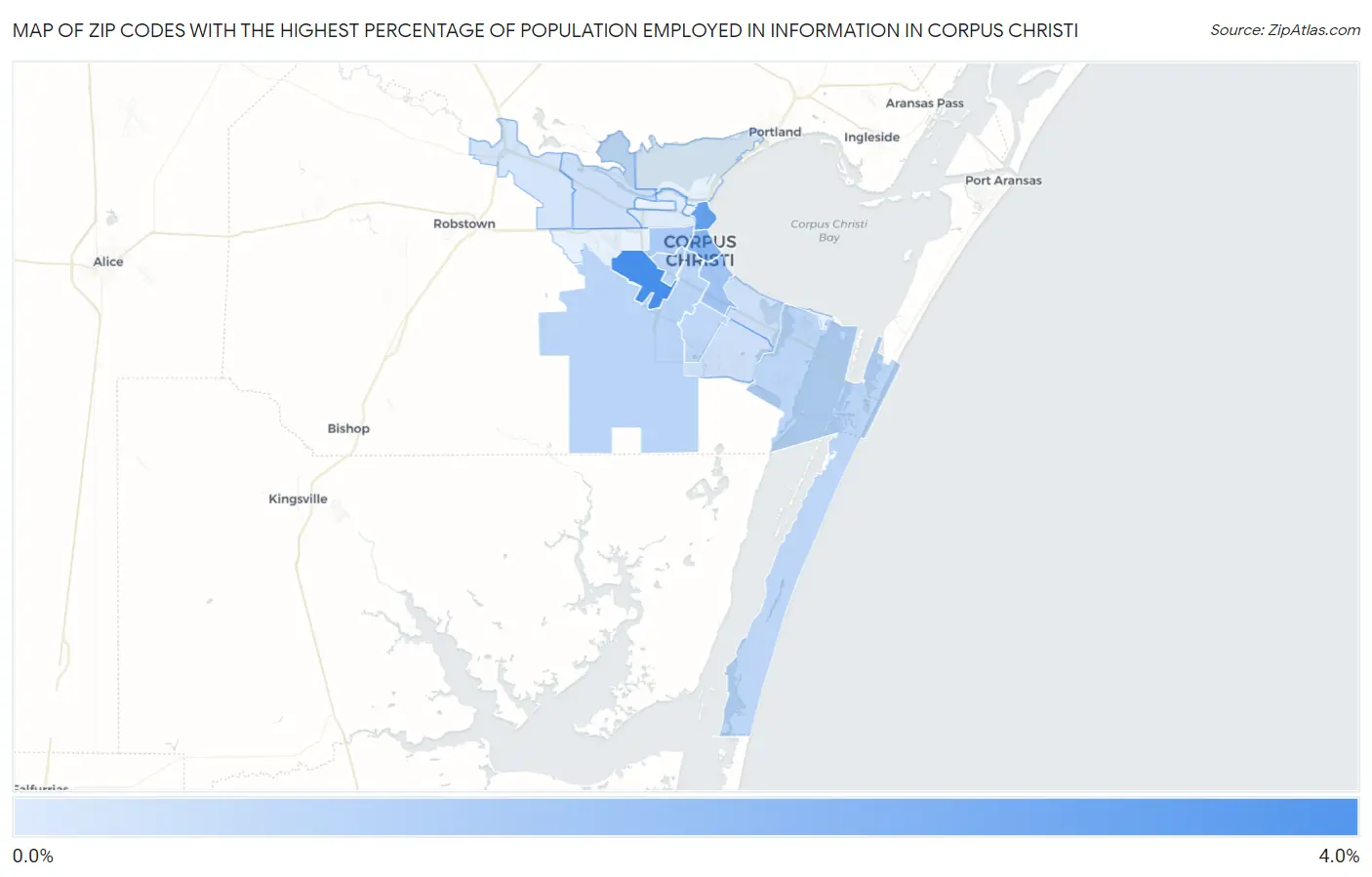 Zip Codes with the Highest Percentage of Population Employed in Information in Corpus Christi Map