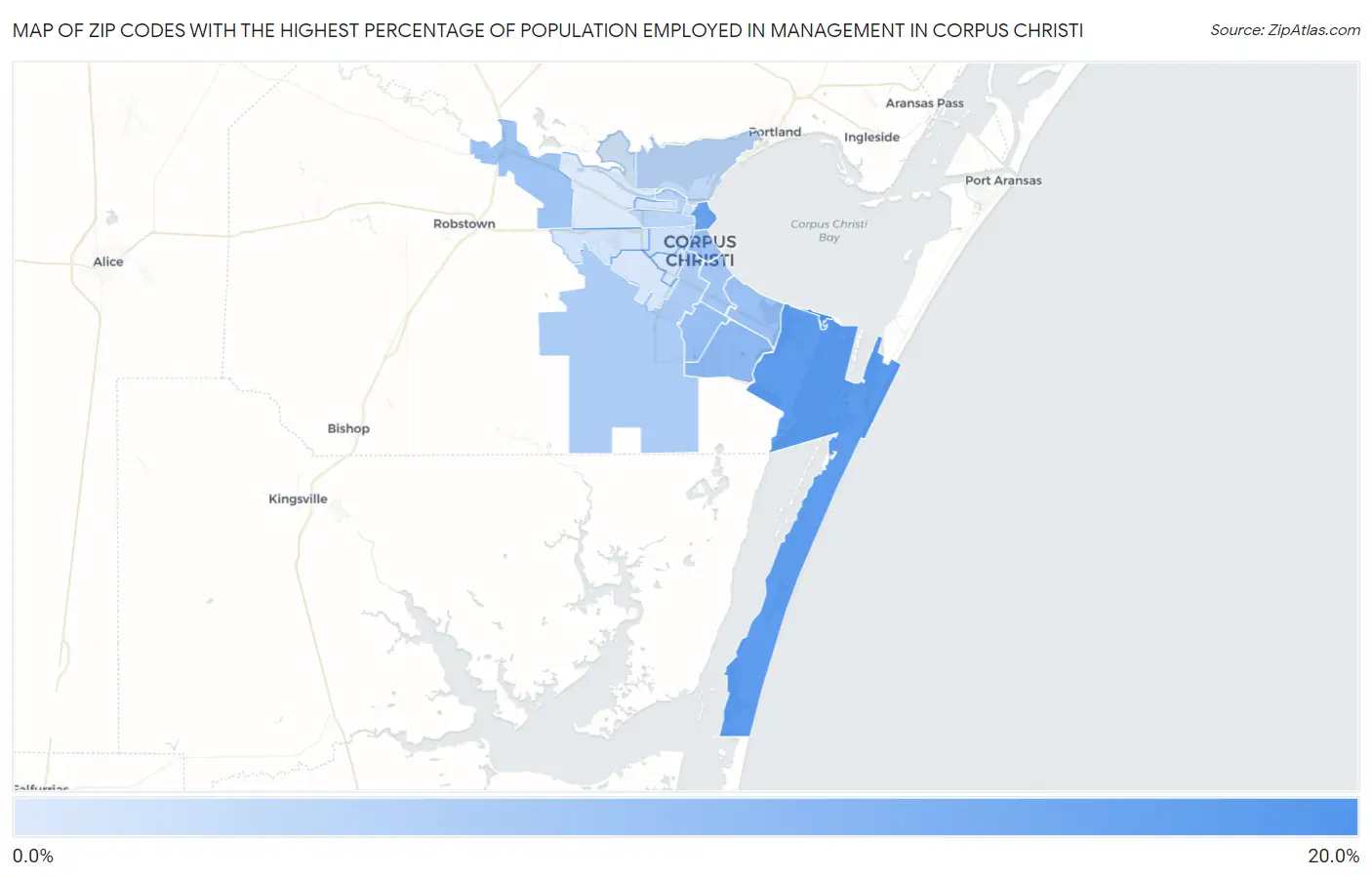 Zip Codes with the Highest Percentage of Population Employed in Management in Corpus Christi Map