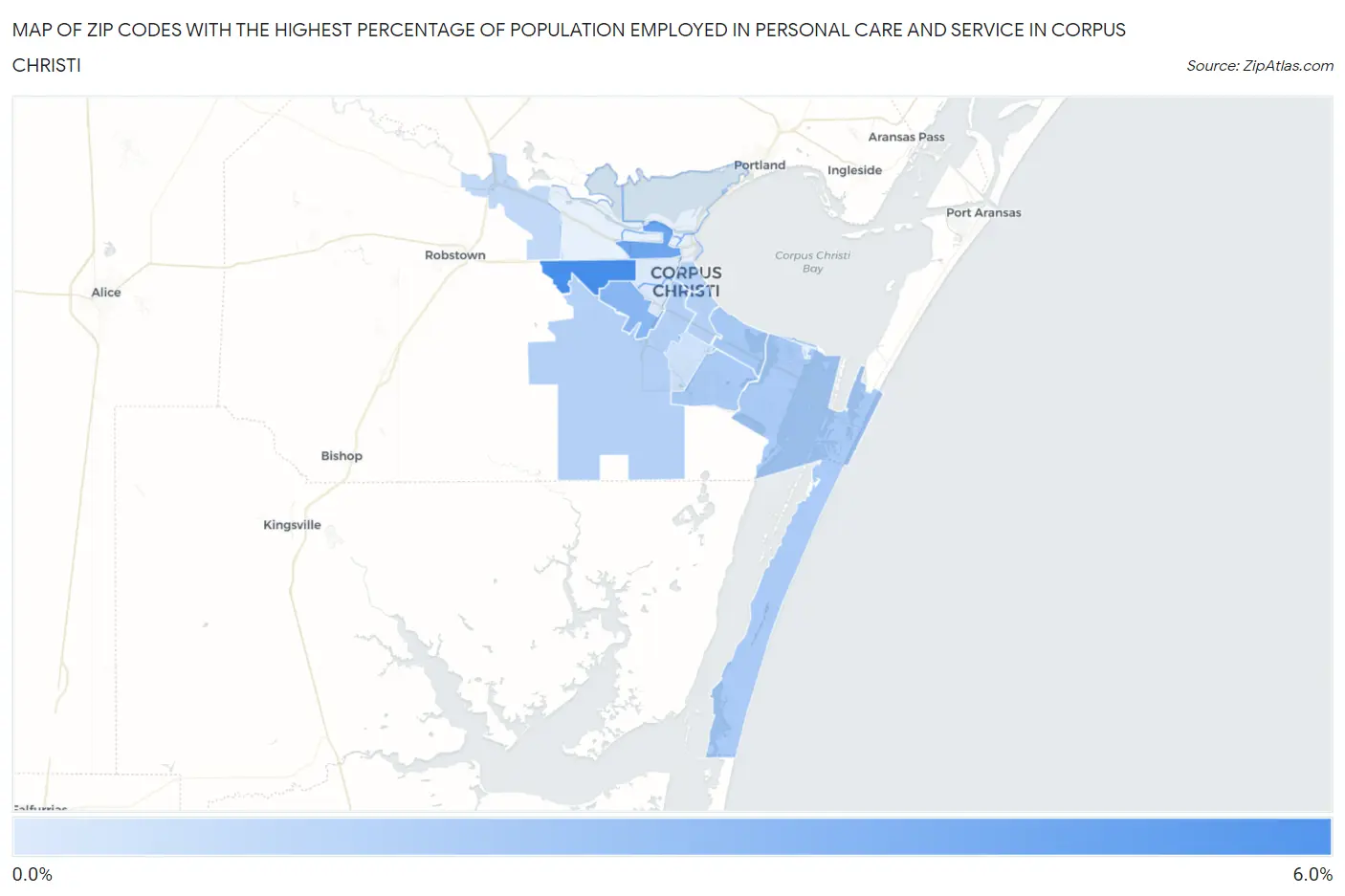 Zip Codes with the Highest Percentage of Population Employed in Personal Care and Service in Corpus Christi Map