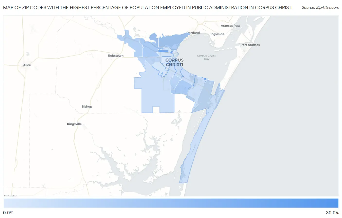 Zip Codes with the Highest Percentage of Population Employed in Public Administration in Corpus Christi Map