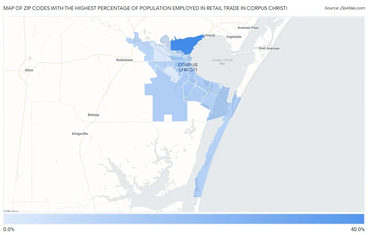 Zip Codes with the Highest Percentage of Population Employed in Retail Trade in Corpus Christi Map