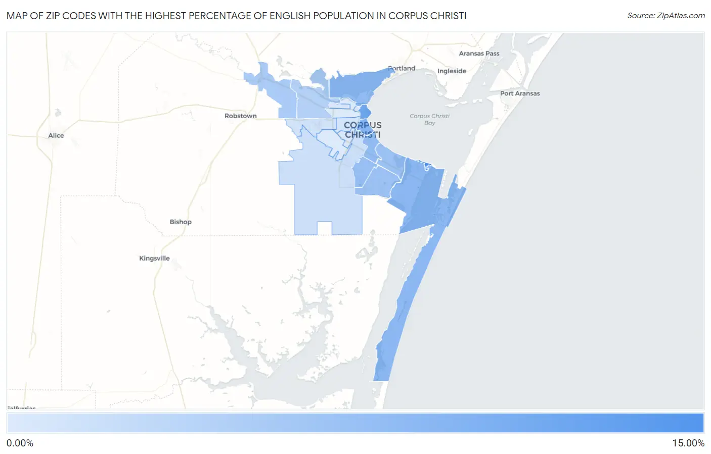 Zip Codes with the Highest Percentage of English Population in Corpus Christi Map