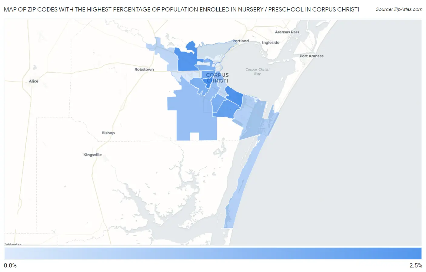 Zip Codes with the Highest Percentage of Population Enrolled in Nursery / Preschool in Corpus Christi Map