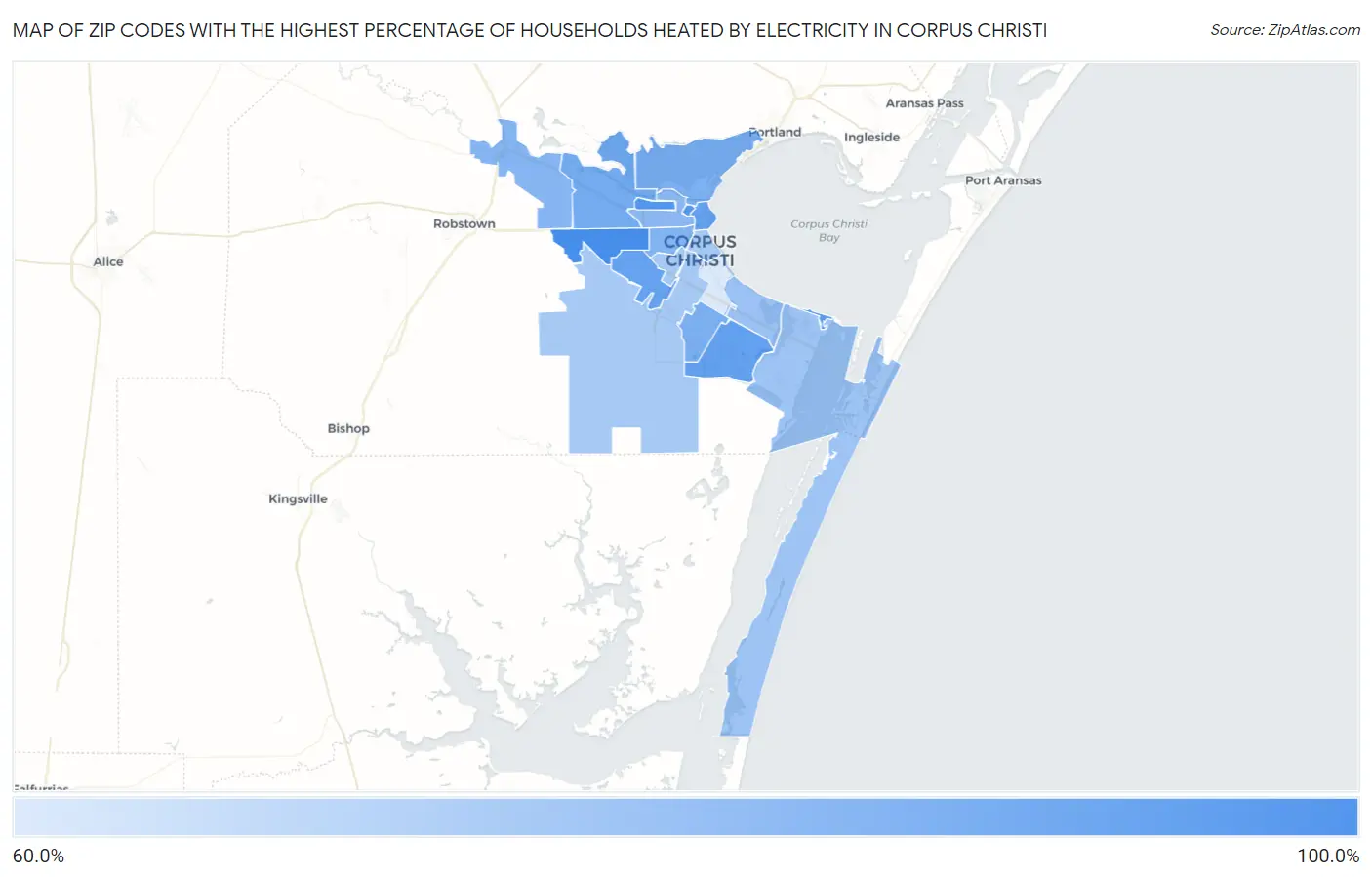 Zip Codes with the Highest Percentage of Households Heated by Electricity in Corpus Christi Map