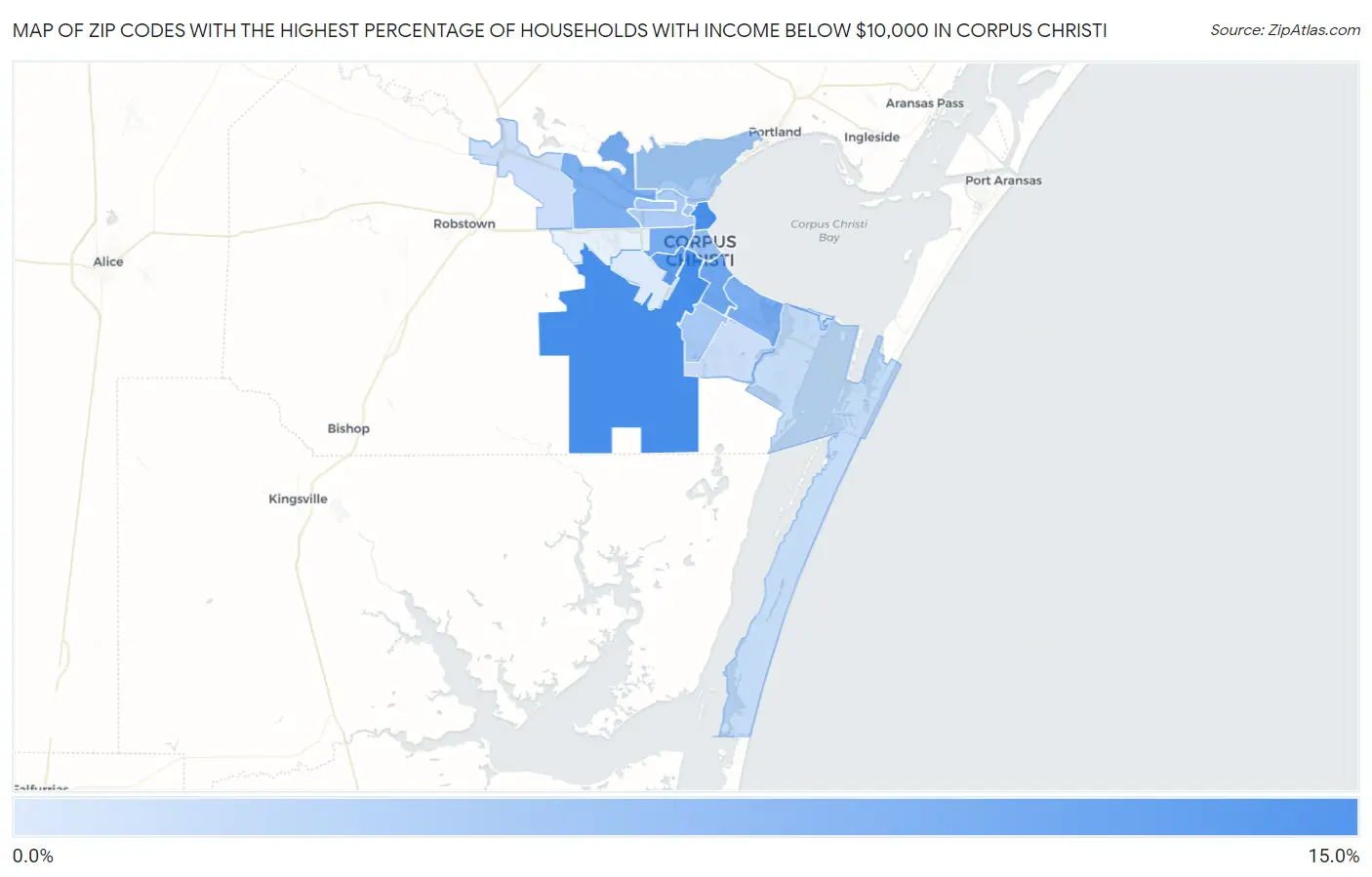 Zip Codes with the Highest Percentage of Households with Income Below $10,000 in Corpus Christi Map