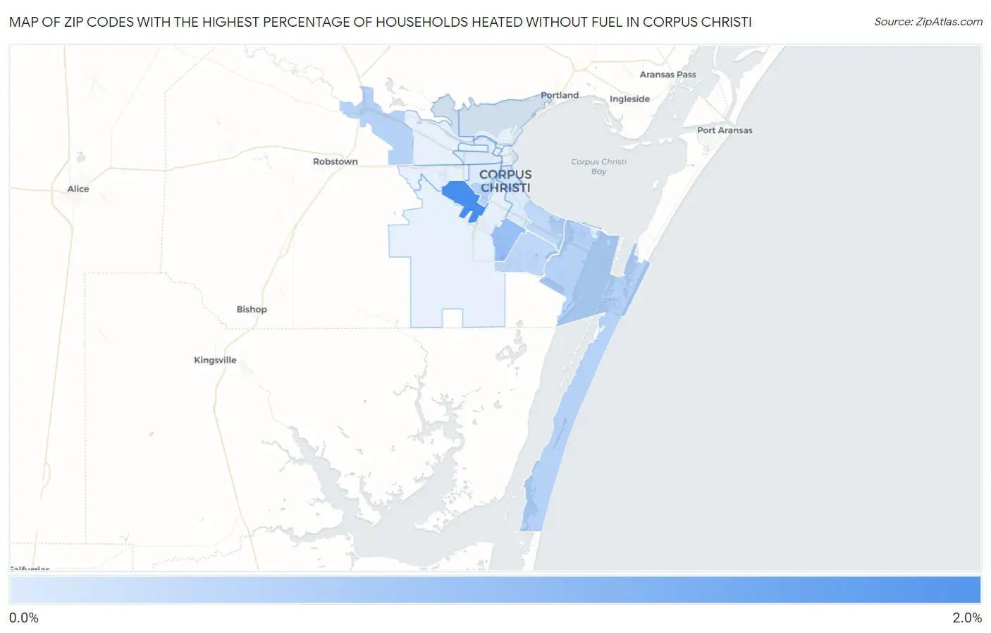 Zip Codes with the Highest Percentage of Households Heated without Fuel in Corpus Christi Map