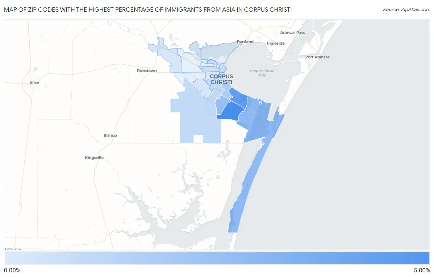 Zip Codes with the Highest Percentage of Immigrants from Asia in Corpus Christi Map