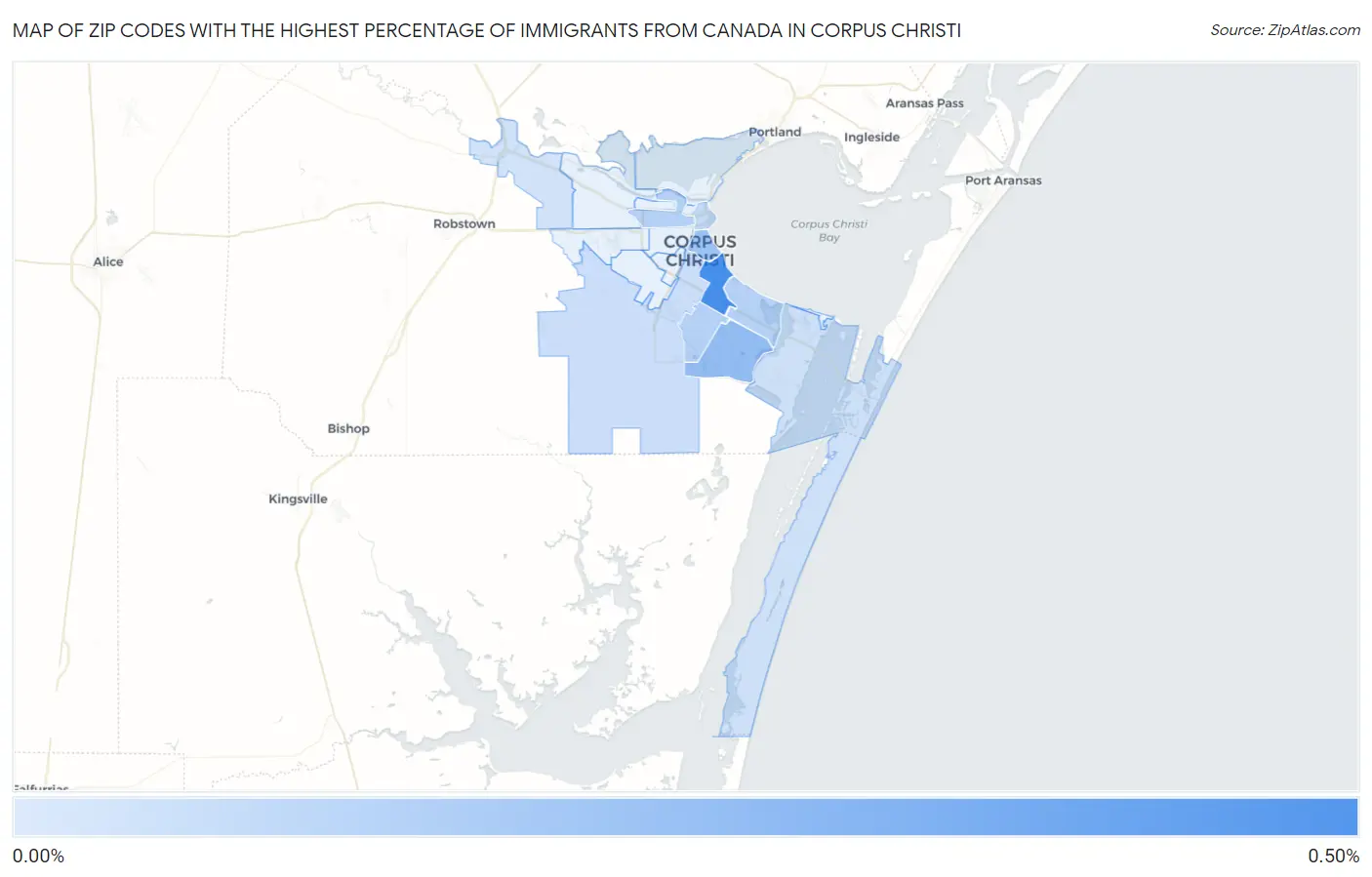 Zip Codes with the Highest Percentage of Immigrants from Canada in Corpus Christi Map