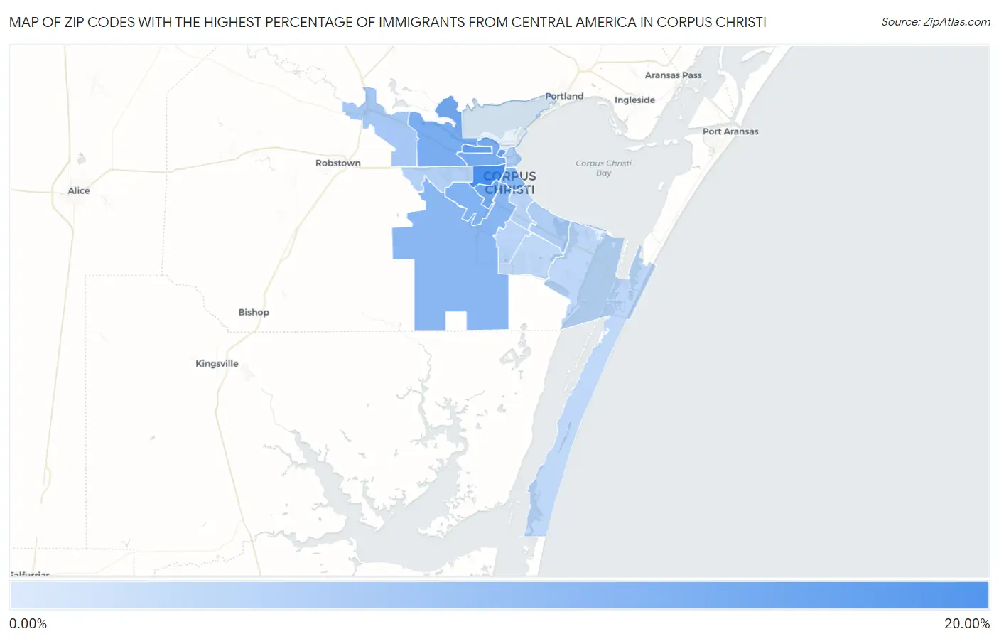 Zip Codes with the Highest Percentage of Immigrants from Central America in Corpus Christi Map