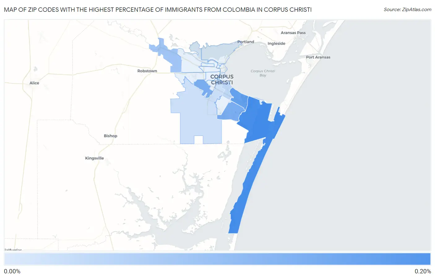 Zip Codes with the Highest Percentage of Immigrants from Colombia in Corpus Christi Map