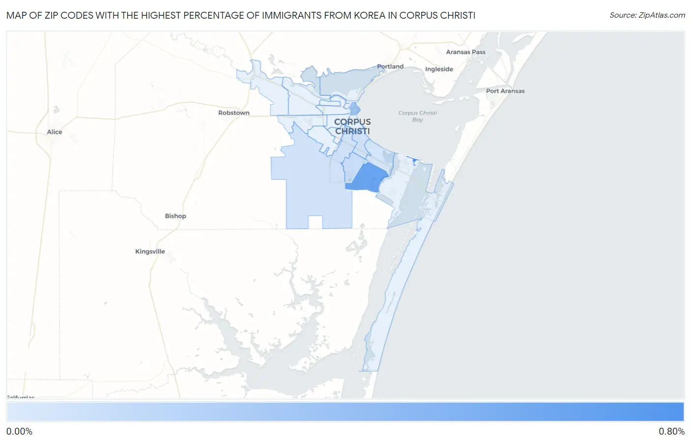 Zip Codes with the Highest Percentage of Immigrants from Korea in Corpus Christi Map