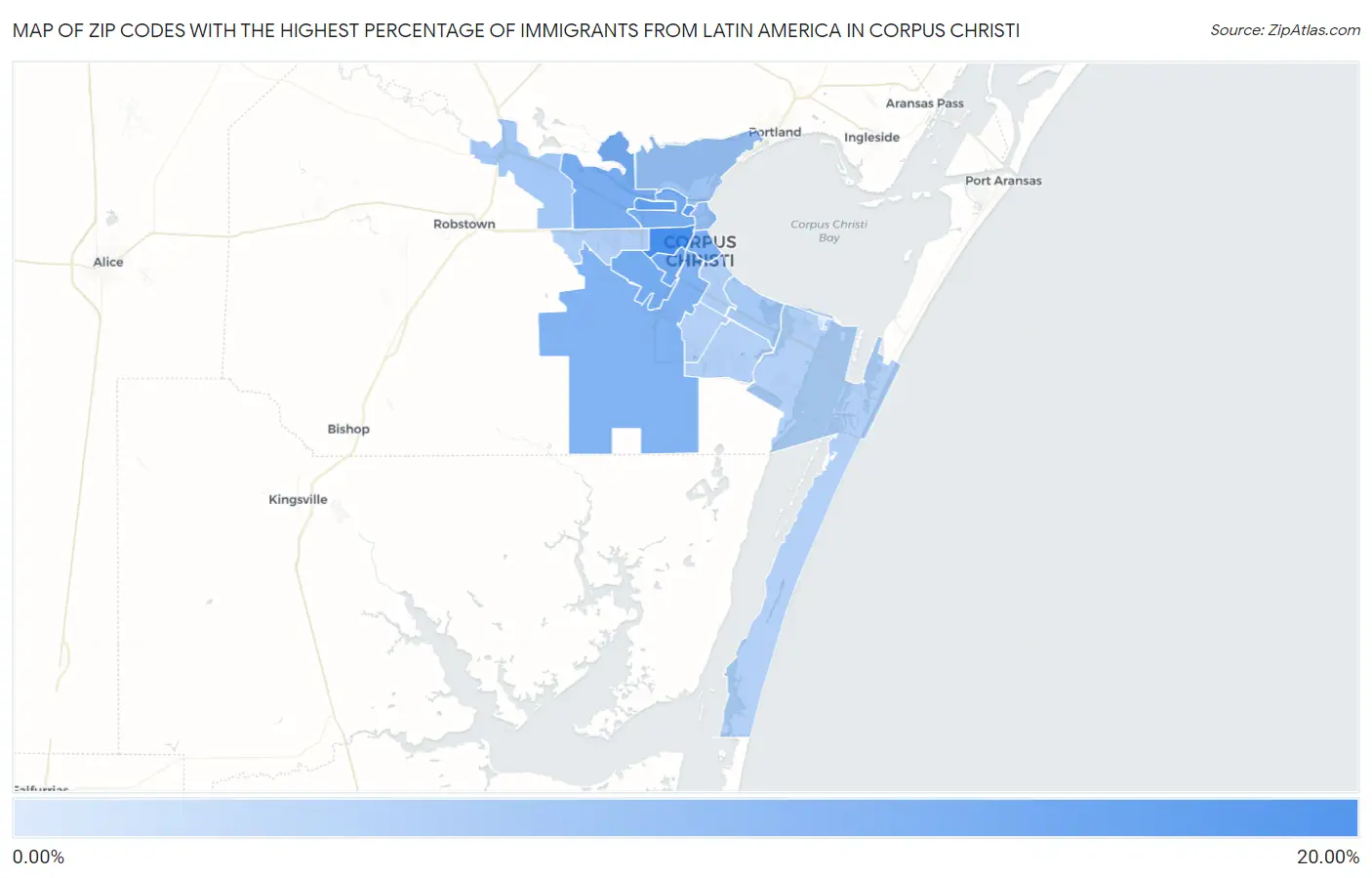 Zip Codes with the Highest Percentage of Immigrants from Latin America in Corpus Christi Map
