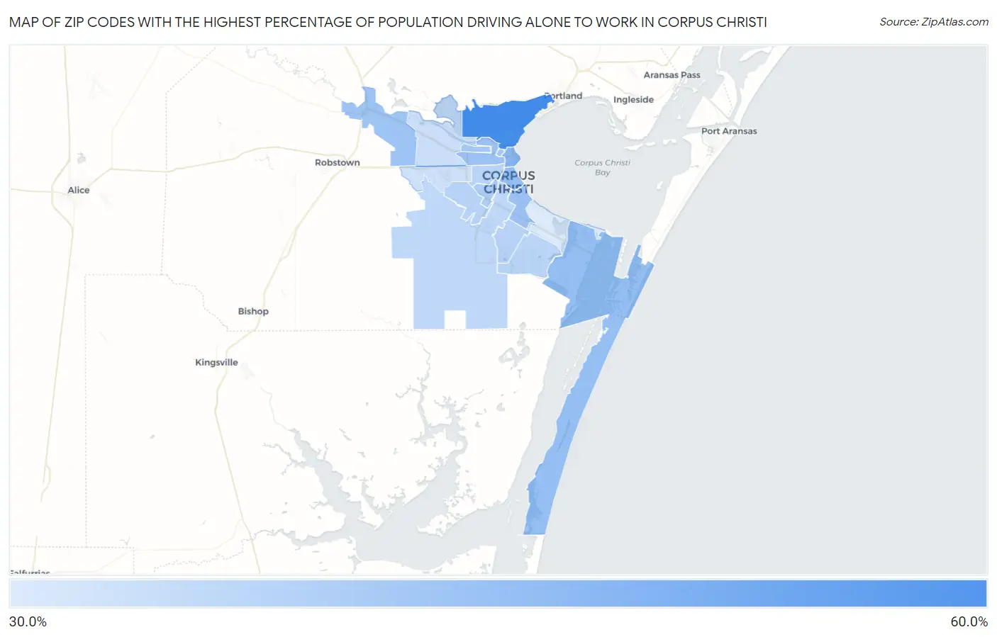 Zip Codes with the Highest Percentage of Population Driving Alone to Work in Corpus Christi Map