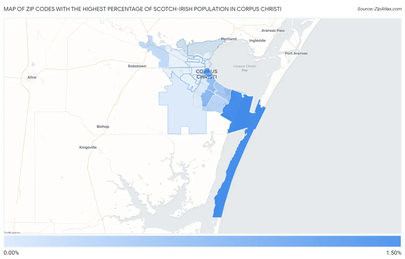 Zip Codes with the Highest Percentage of Scotch-Irish Population in Corpus Christi Map