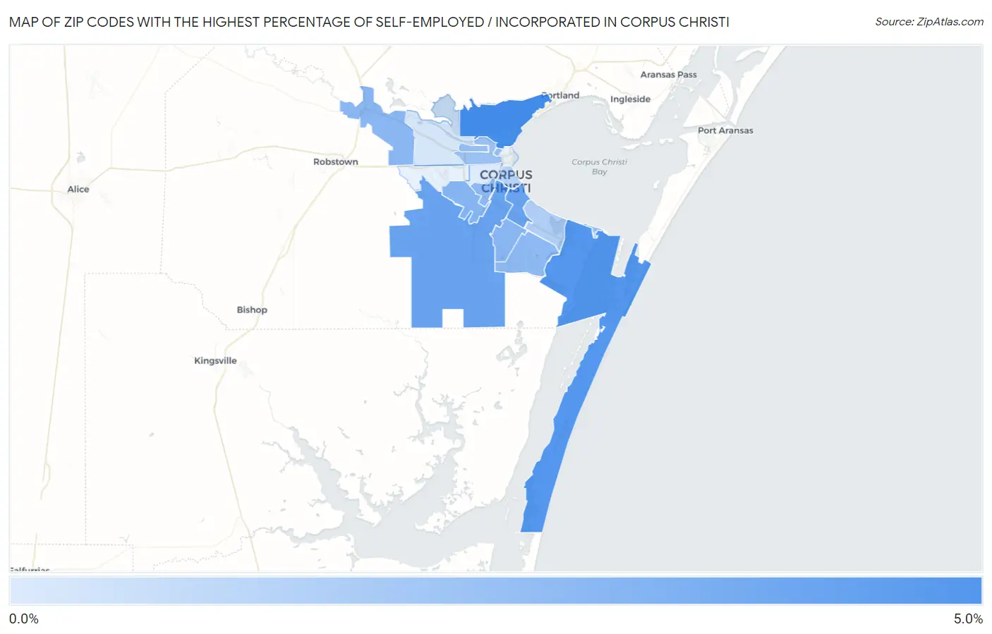 Zip Codes with the Highest Percentage of Self-Employed / Incorporated in Corpus Christi Map