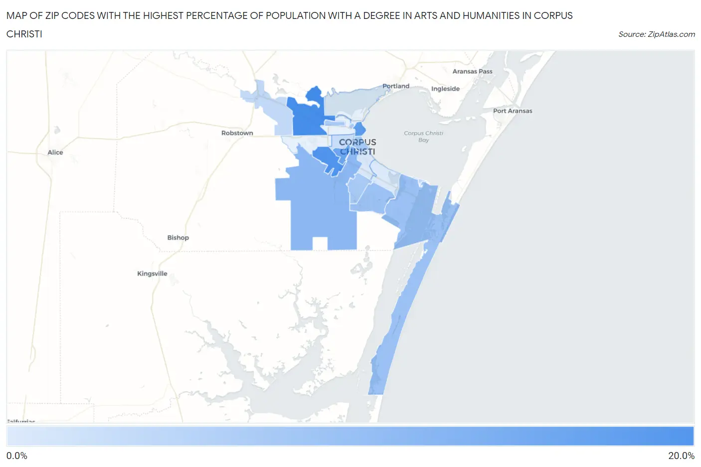 Zip Codes with the Highest Percentage of Population with a Degree in Arts and Humanities in Corpus Christi Map