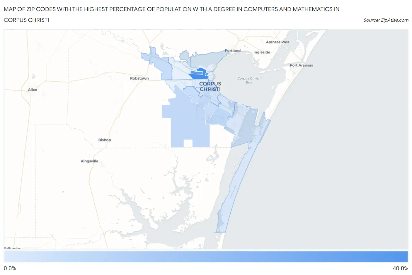 Zip Codes with the Highest Percentage of Population with a Degree in Computers and Mathematics in Corpus Christi Map