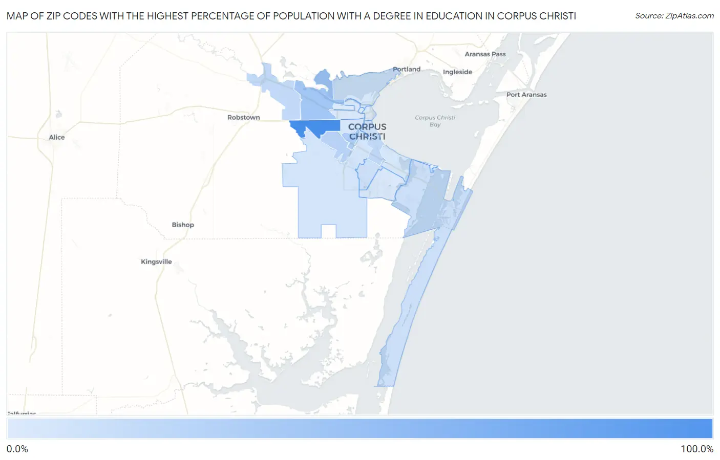 Zip Codes with the Highest Percentage of Population with a Degree in Education in Corpus Christi Map