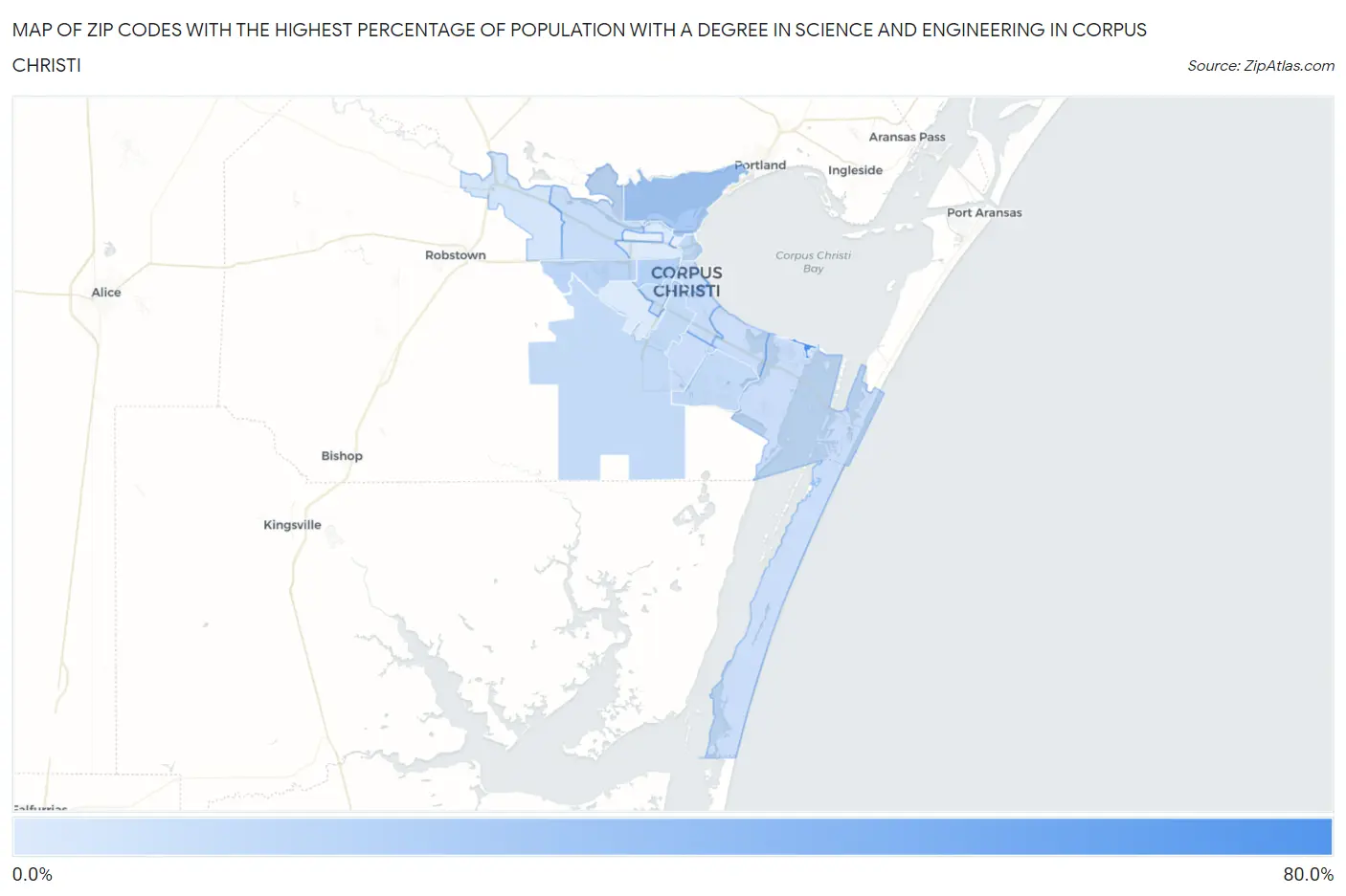 Zip Codes with the Highest Percentage of Population with a Degree in Science and Engineering in Corpus Christi Map