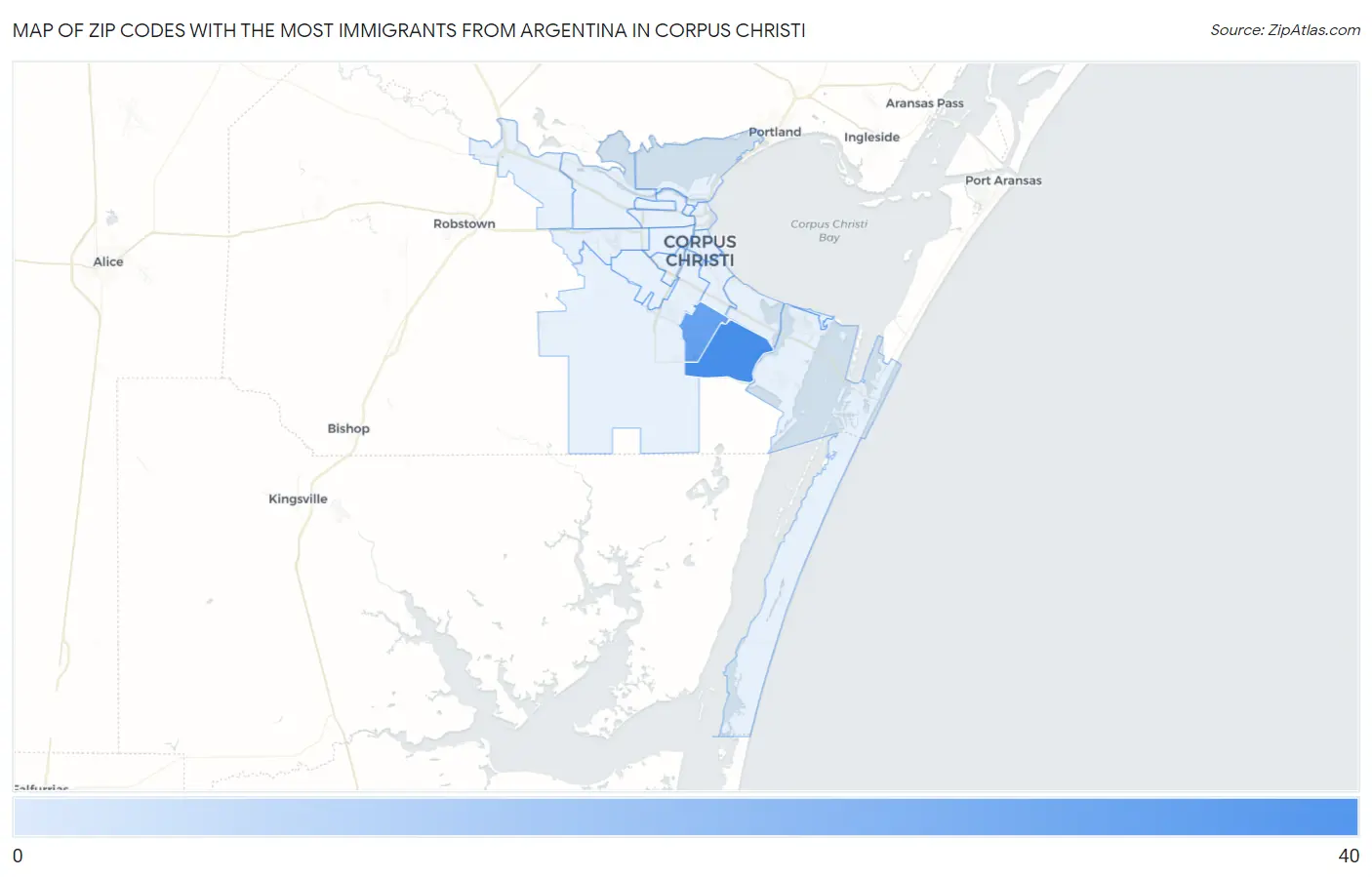 Zip Codes with the Most Immigrants from Argentina in Corpus Christi Map
