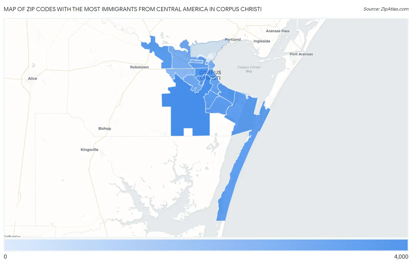 Zip Codes with the Most Immigrants from Central America in Corpus Christi Map
