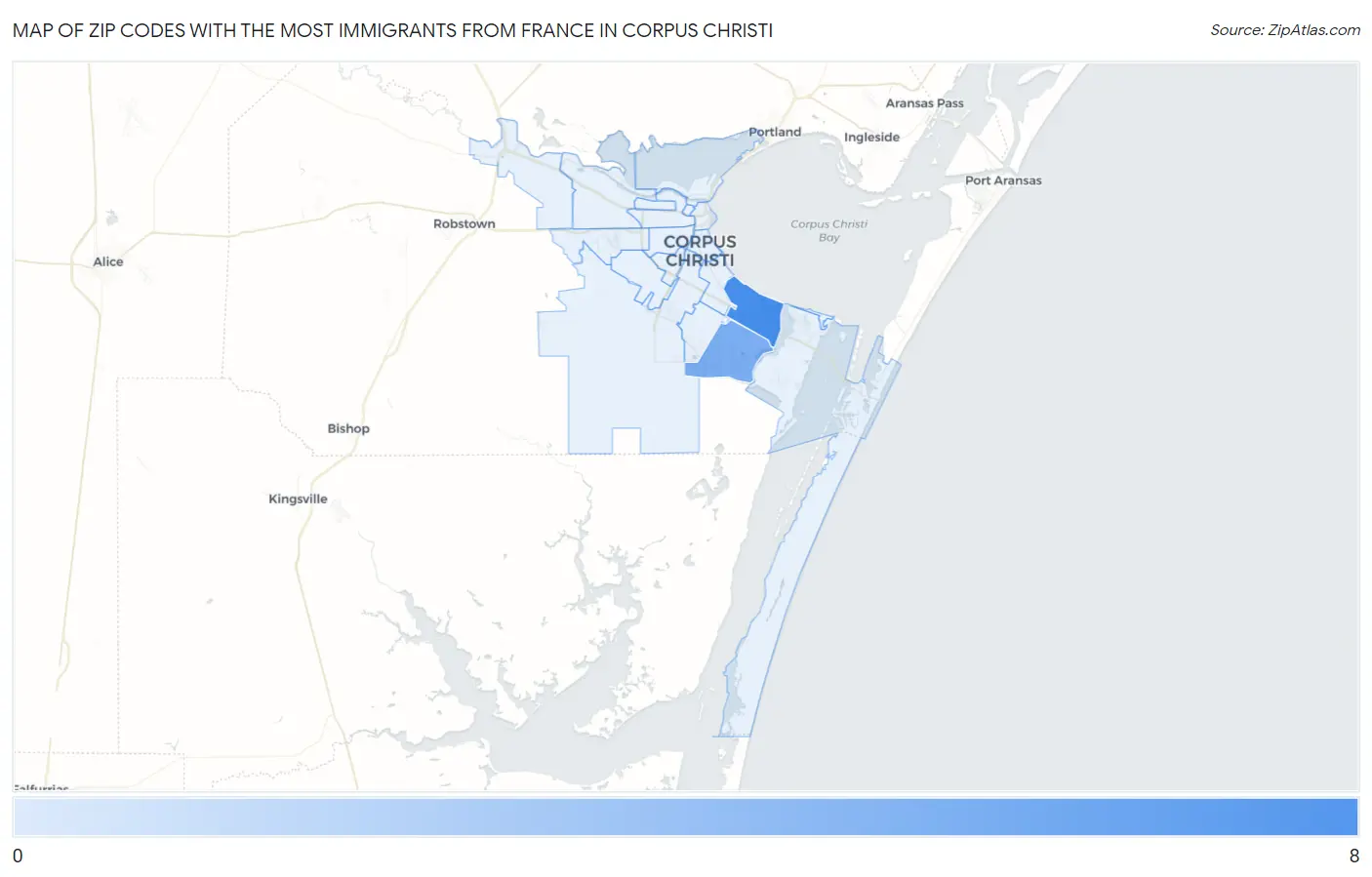 Zip Codes with the Most Immigrants from France in Corpus Christi Map