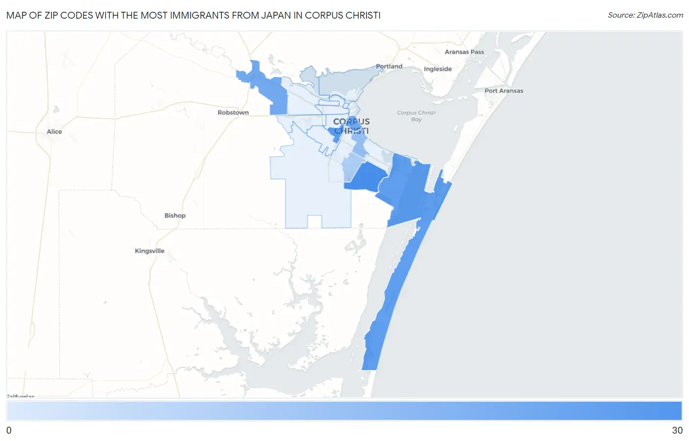 Zip Codes with the Most Immigrants from Japan in Corpus Christi Map