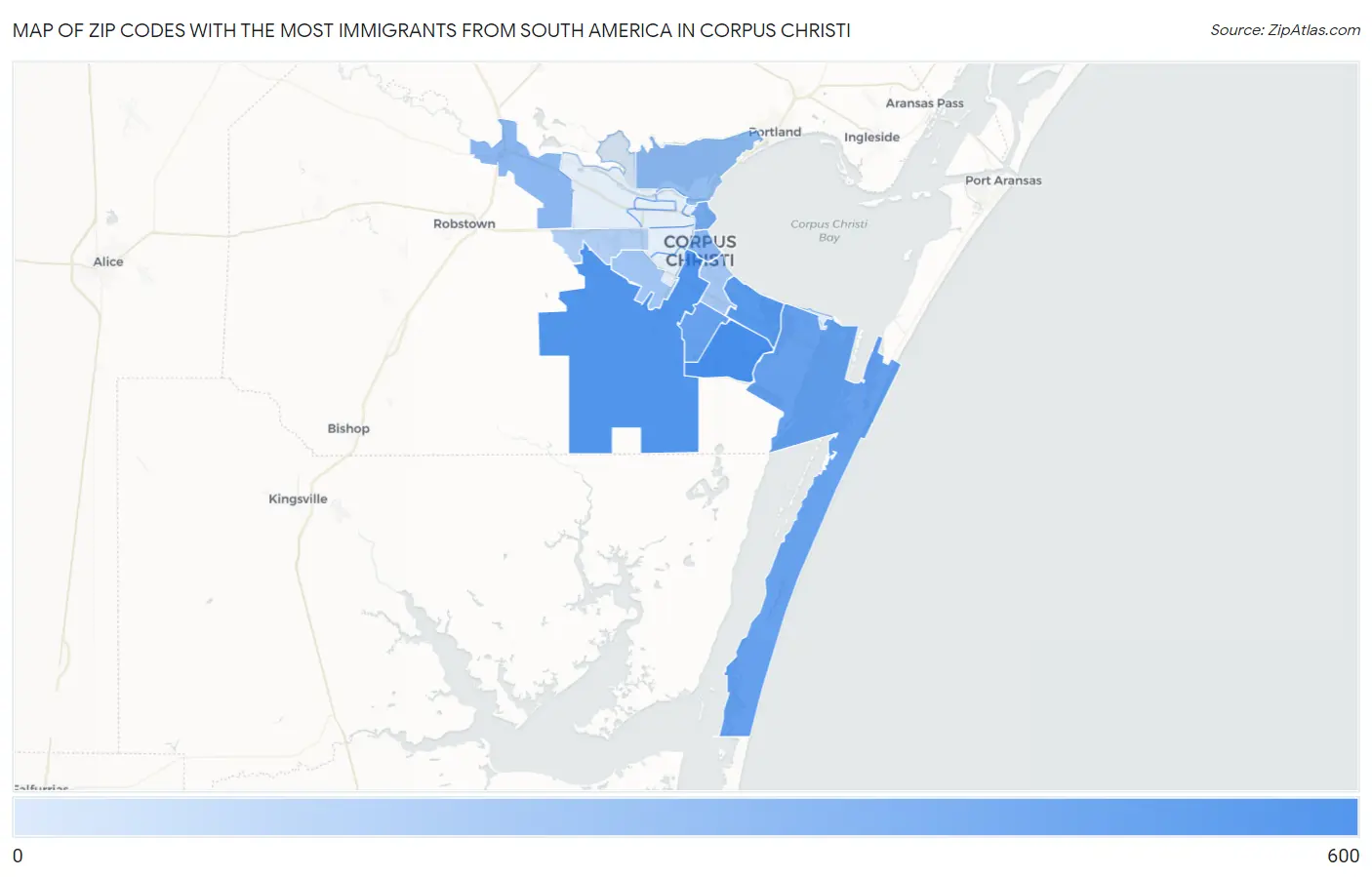 Zip Codes with the Most Immigrants from South America in Corpus Christi Map