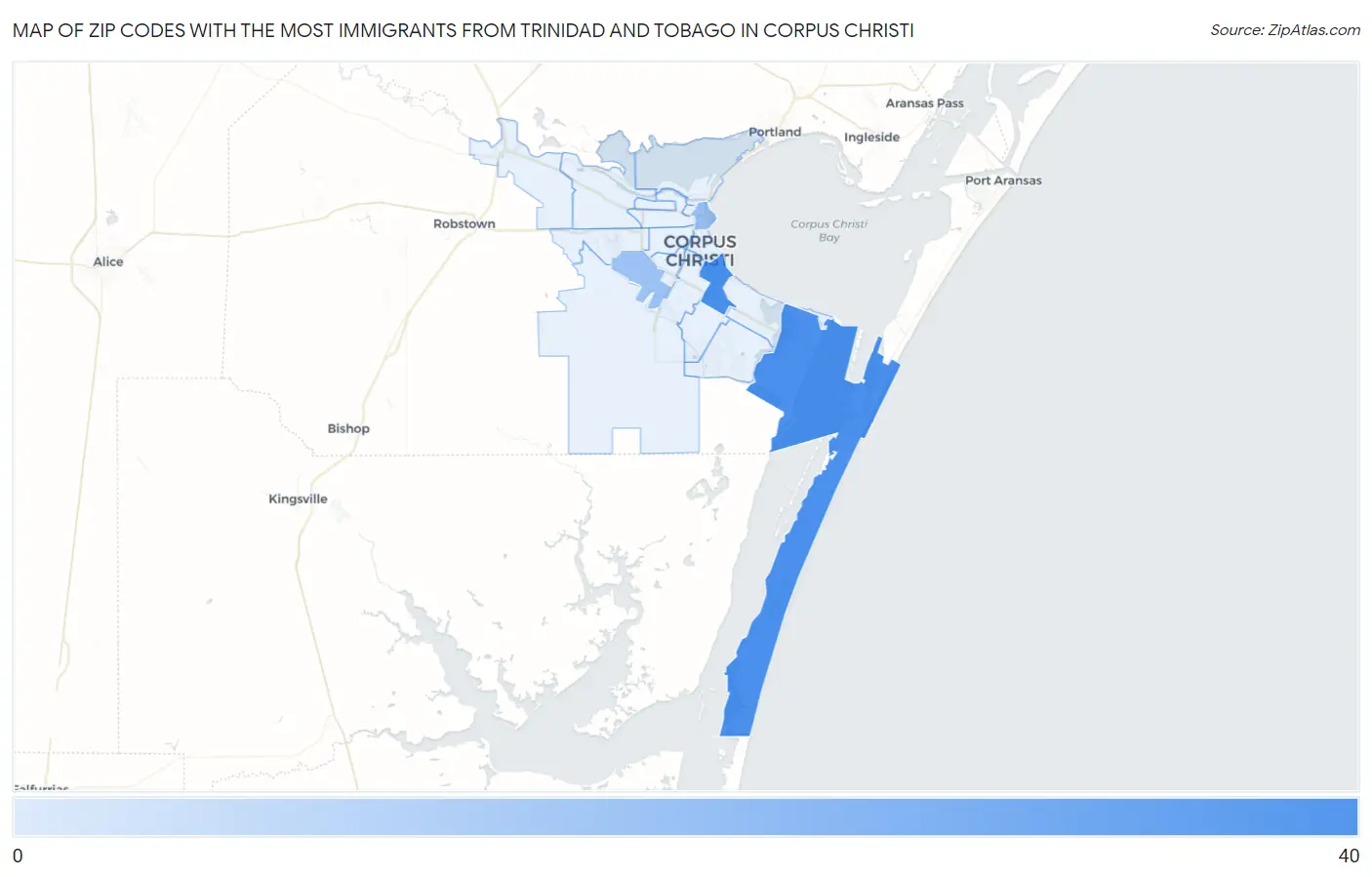 Zip Codes with the Most Immigrants from Trinidad and Tobago in Corpus Christi Map