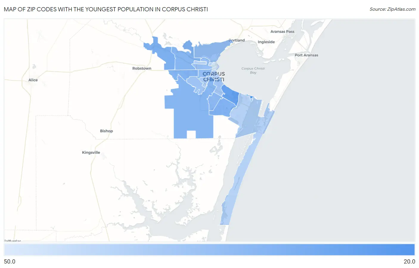 Zip Codes with the Youngest Population in Corpus Christi Map