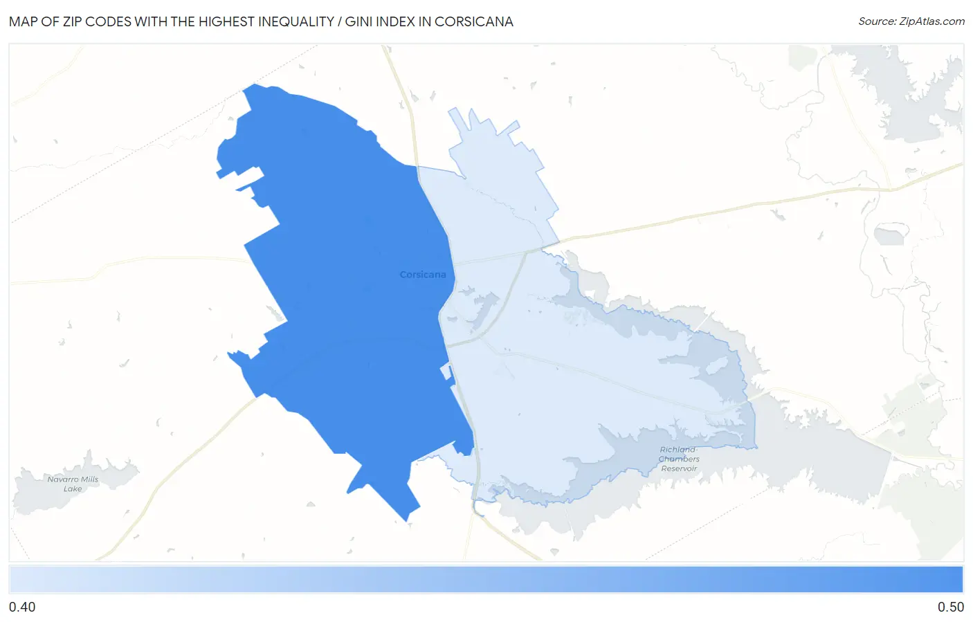 Zip Codes with the Highest Inequality / Gini Index in Corsicana Map