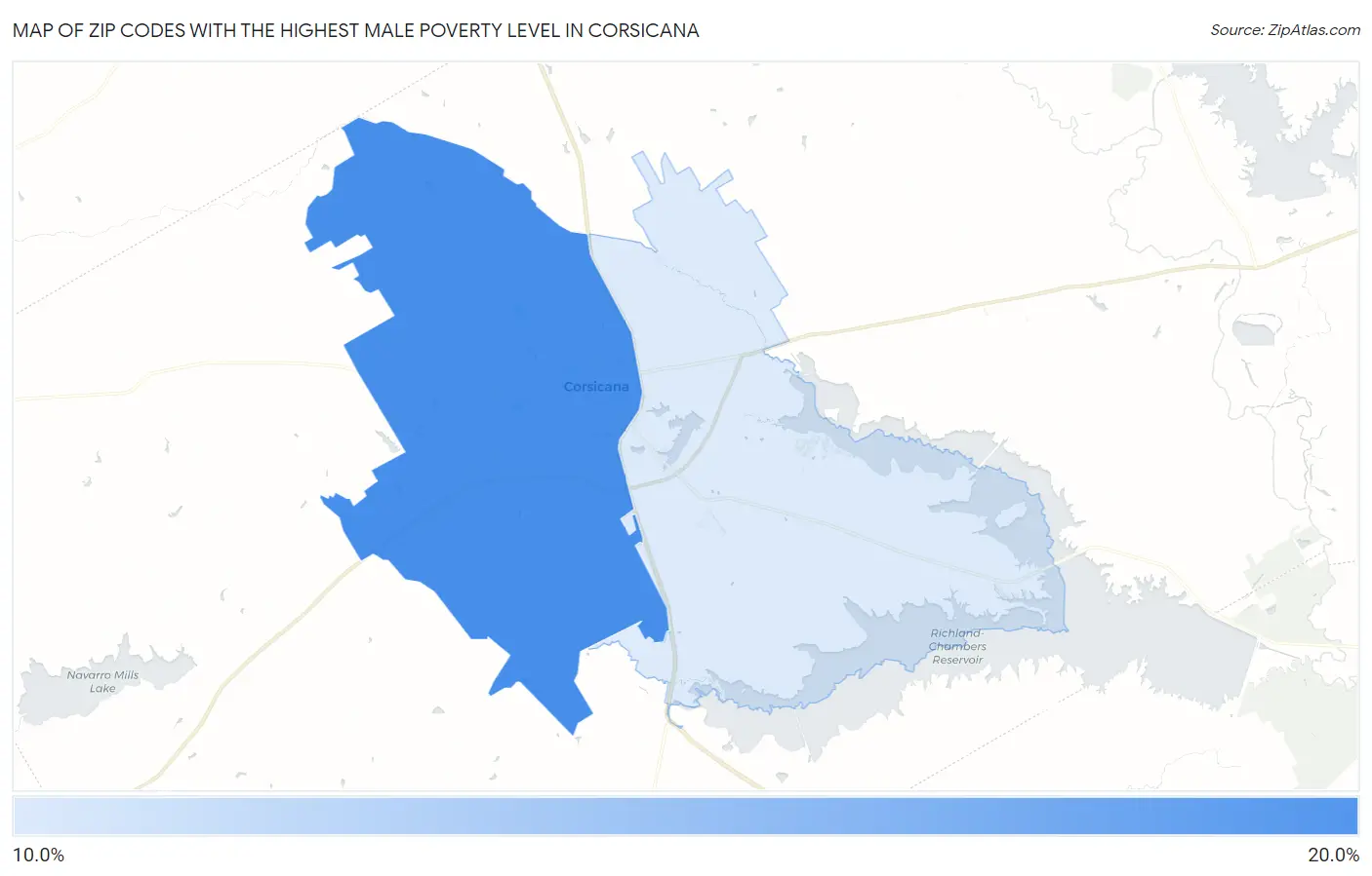 Zip Codes with the Highest Male Poverty Level in Corsicana Map