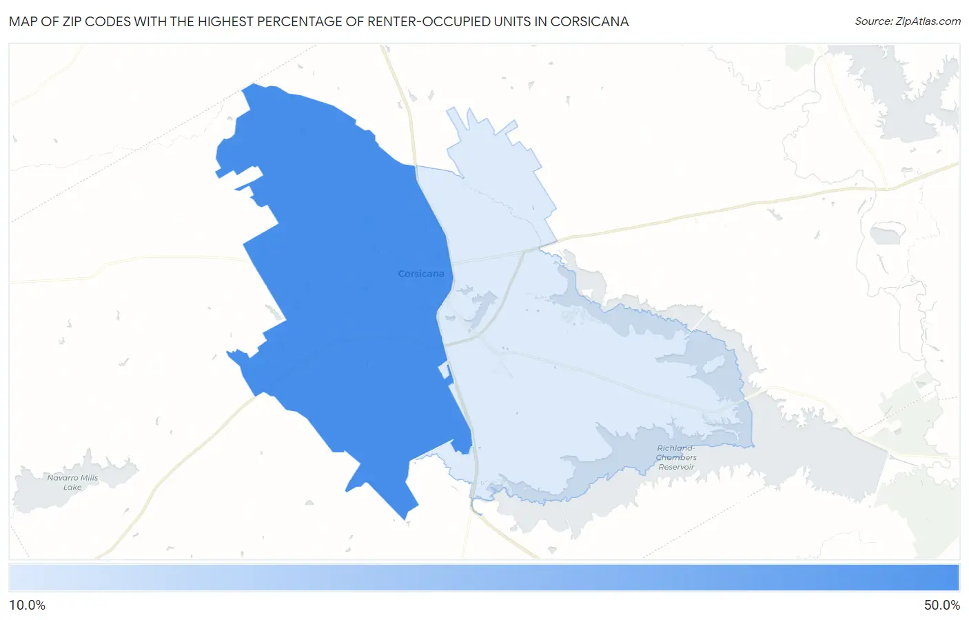 Zip Codes with the Highest Percentage of Renter-Occupied Units in Corsicana Map