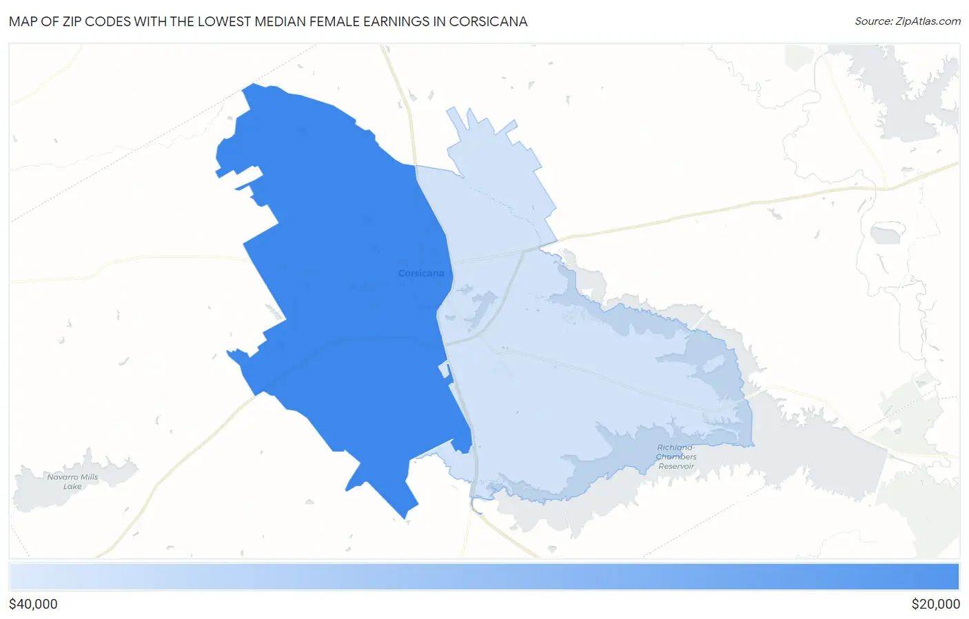 Zip Codes with the Lowest Median Female Earnings in Corsicana Map