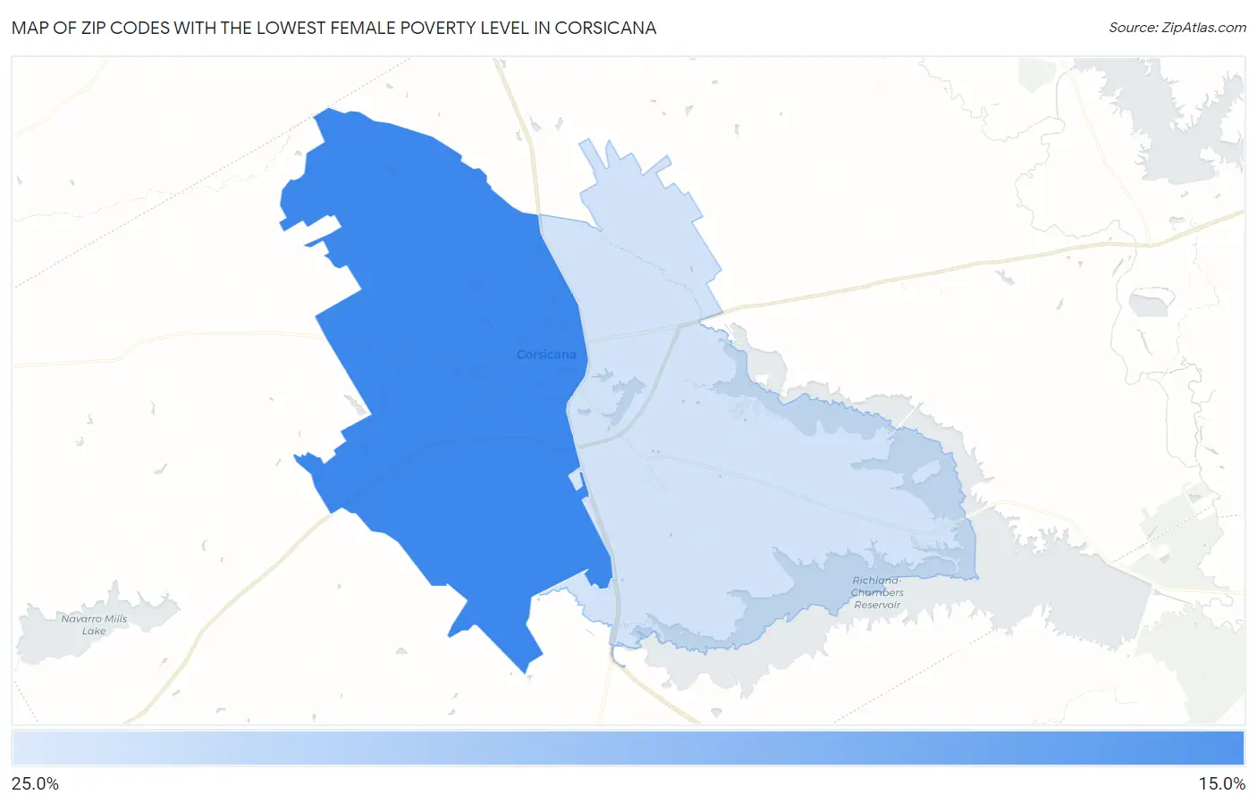 Zip Codes with the Lowest Female Poverty Level in Corsicana Map