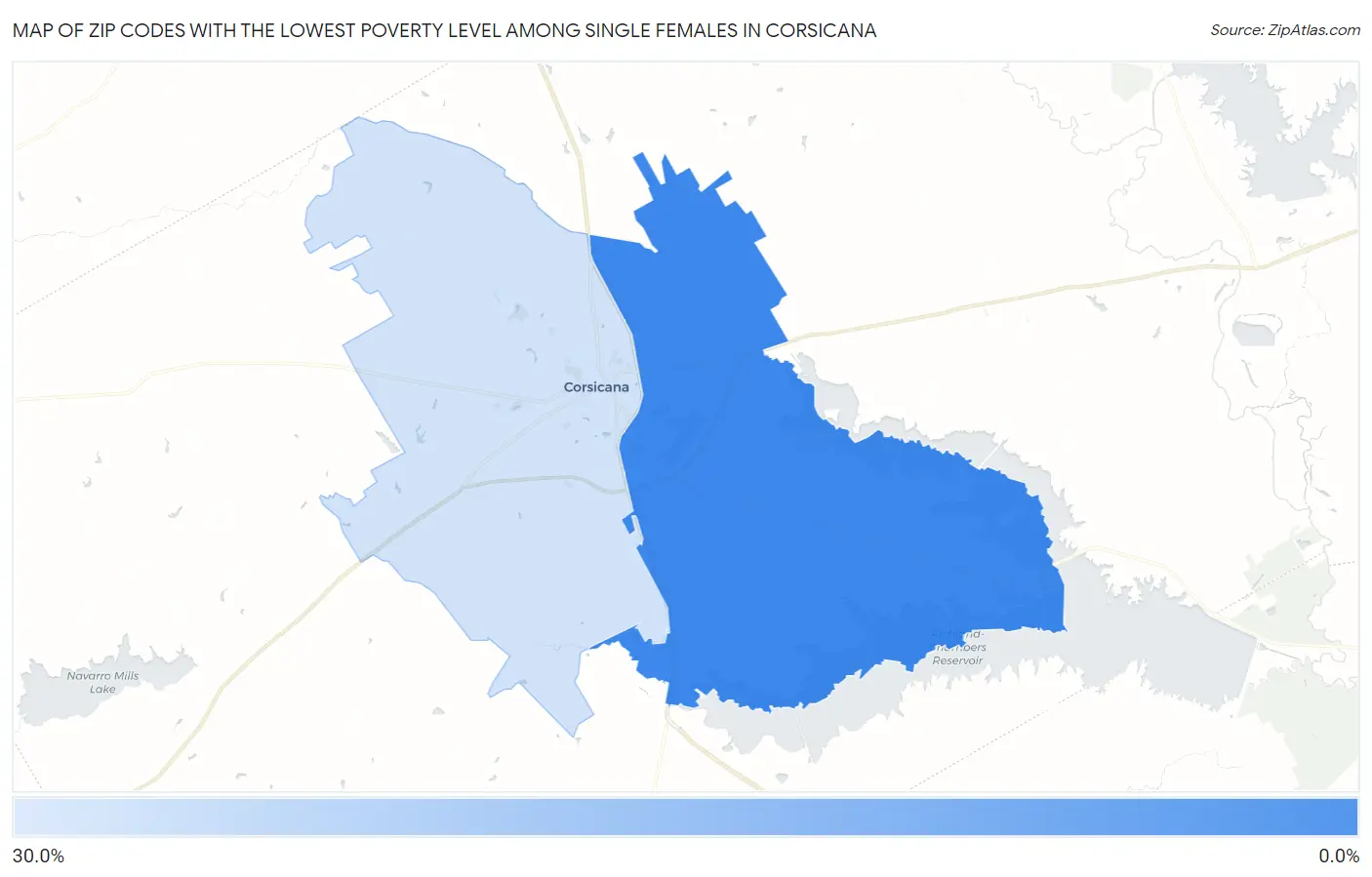 Zip Codes with the Lowest Poverty Level Among Single Females in Corsicana Map
