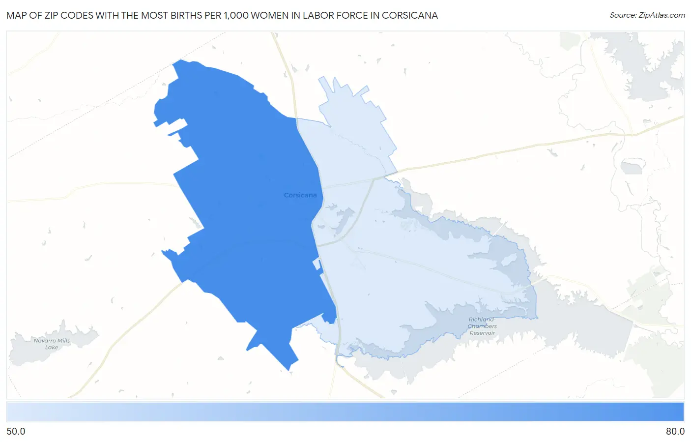 Zip Codes with the Most Births per 1,000 Women in Labor Force in Corsicana Map