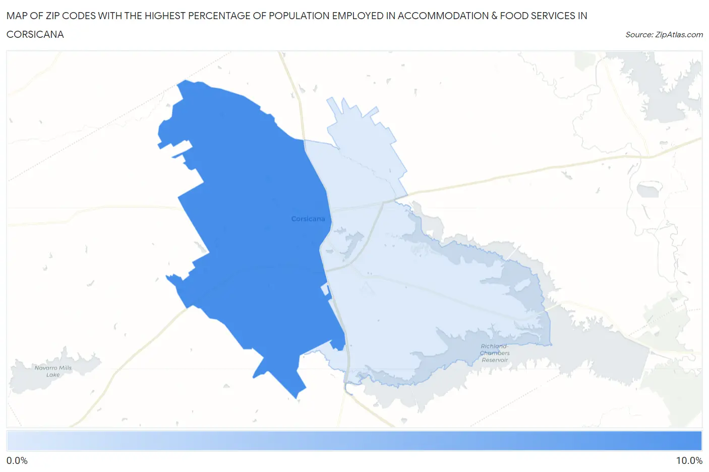 Zip Codes with the Highest Percentage of Population Employed in Accommodation & Food Services in Corsicana Map
